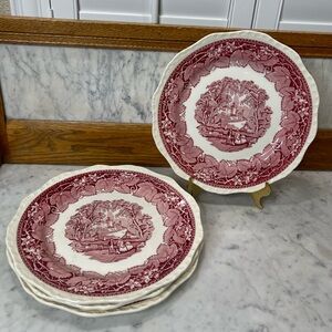 Vintage Masons Vista Pink Dinner Plate Set of 4 c1940 Red Transferware Ironstone